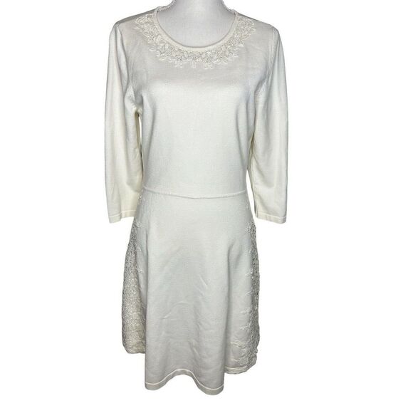 Eliza J Lace Ivory Panel Fit And Flair Knit Sweater Dress Sz Large - Picture 1 of 8